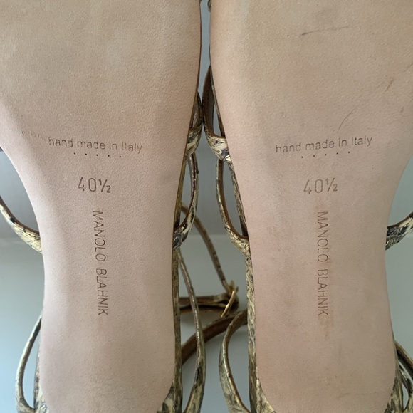 Manolo Blahnik Gold Embossed Python Leather High Heel Ankle Strap Sandals 40 1/2 - Picture 11 of 13